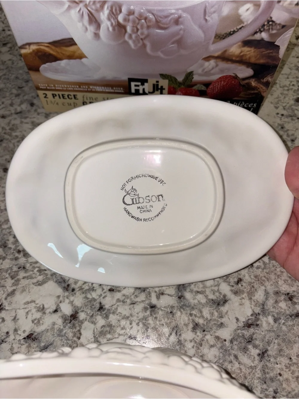 Vintage 1997 Gibson White Fruitful Embossed 1 3/4 Gravy Boat with Saucer Plate